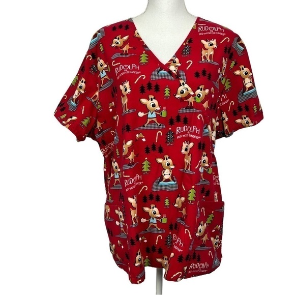 RUDOLPH THE RED NOSED REINDEER Women’s Scrub Sz 2X Multi Color V-neck SS - Picture 1 of 11